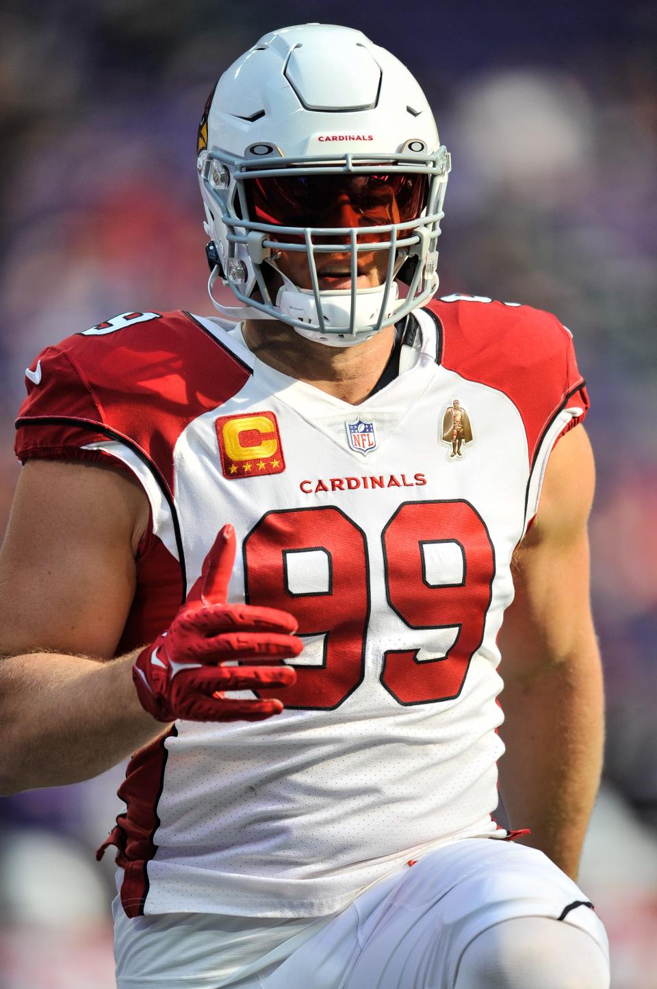 Oct 30, 2022; Minneapolis, Minnesota, USA; Arizona Cardinals defensive end J.J. Watt (99) warms up before the game against the Minnesota Vikings at U.S. Bank Stadium.