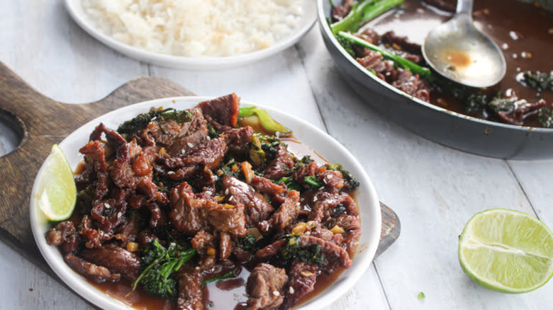 Beef and broccoli on plate