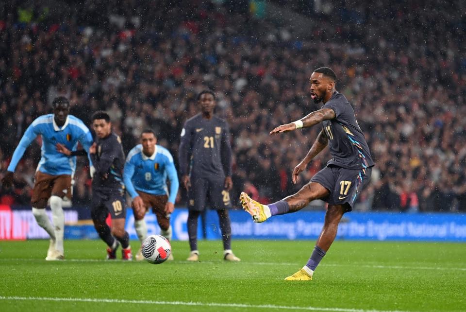 Ivan Toney scores his first England goal against Belgium at Wembley  (The FA via Getty )