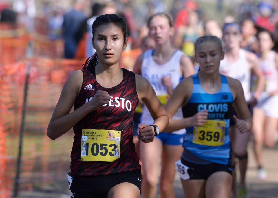 Modesto’s Melissa Barajas, seen in the Girls Division I race at the CIF state cross country championships held at Woodward Park Saturday, Nov. 27, 2021 in Fresno.