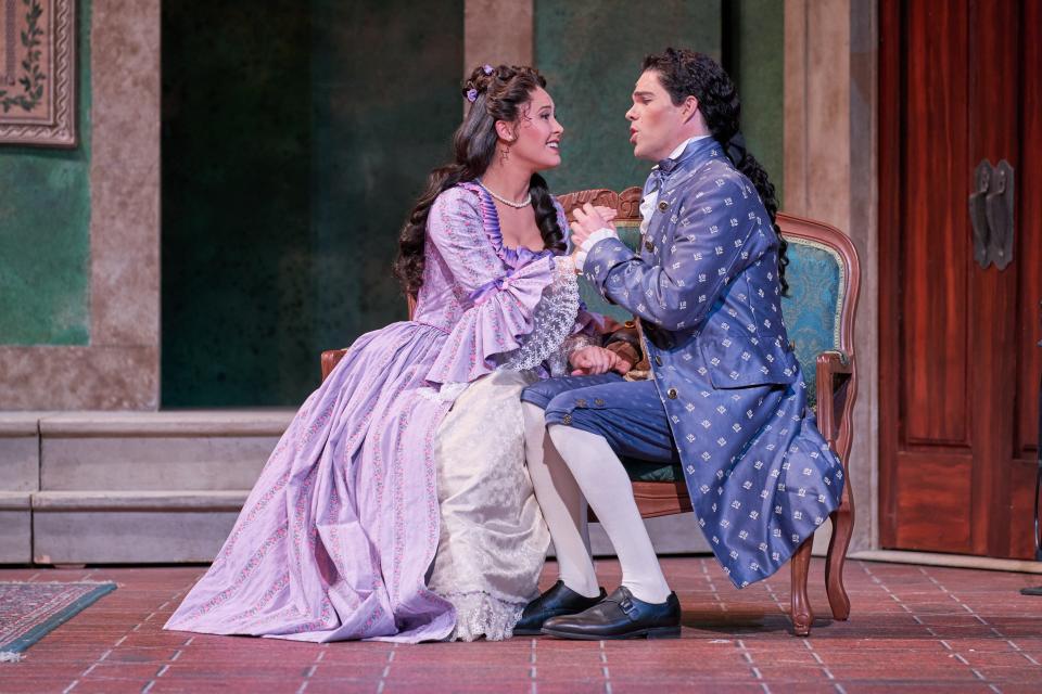 Hanna Brammer and Levi Hamlin play a couple hiding their relationship in the Sarasota Opera production of “The Secret Marriage” by Domenico Cimarosa.