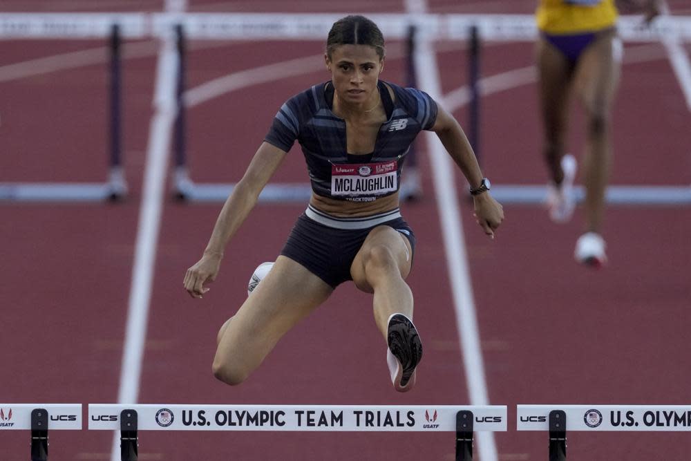 Sydney McLaughlin wins a semi-final in the women’s 400-meter hurdles at the U.S. Olympic Track and Field Trials Saturday, June 26, 2021, in Eugene, Ore. (AP Photo/Ashley Landis)