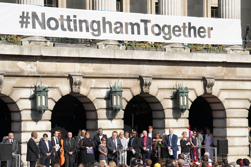 Councillor David Mellen speaks as he attends a vigil in Old Market Square, Nottingham, after 19-year-old students Barnaby Webber and Grace O'Malley-Kumar, and school caretaker Ian Coates, 65, were stabbed to death on Tuesday morning, before the attacker attempted to run over three people in Nottingham. Picture date: Thursday June 15, 2023. (Photo by Tim Goode/PA Images via Getty Images)