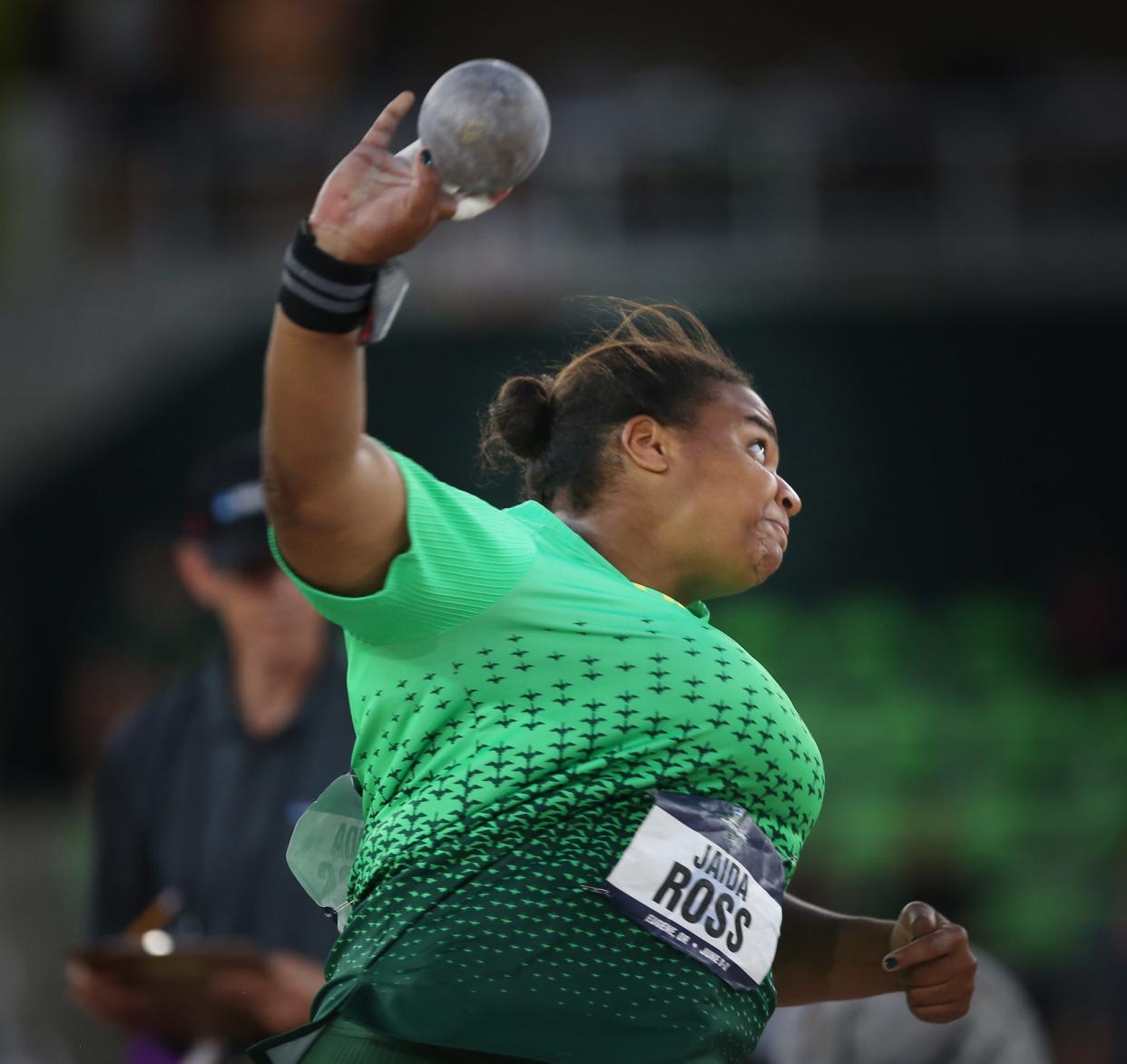 Oregon's Jaida Ross competes in the women's shot on day two of the NCAA Outdoor Track & Field Championships Thursday June 9, 2022 at Hayward Field in Eugene, Ore.