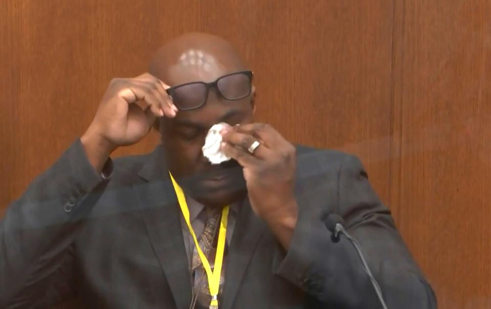 In this image from video, Philonise Floyd, brother of George Floyd, becomes emotional as he testifies as Hennepin County Judge Peter Cahill presides over court Monday, April 12, 2021.