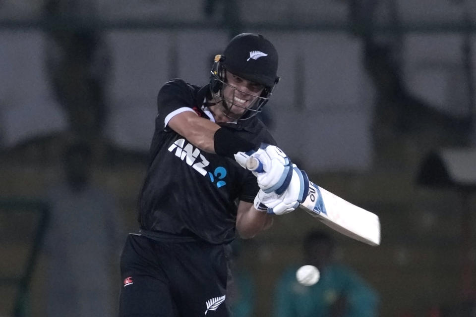 New Zealand's Mark Chapman plays a shot during the fourth one-day international cricket match between Pakistan and New Zealand, in Karachi, Pakistan, Friday, May 5, 2023. (AP Photo/Fareed Khan)