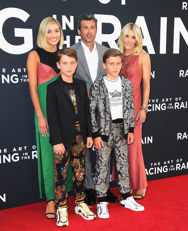 Patrick Dempsey with spouse Jillian Dempsey, daughter Talula Fyfe Dempsey and twin sons Darby Galen and Sullivan Patrick Dempsey at the premiere of "The Art of Racing in the Rain" on Aug. 1, 2019<p>Albert L. Ortega/Getty Images</p>