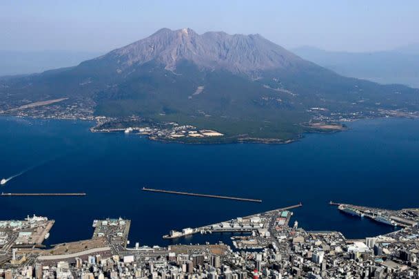 PHOTO: Volcano Sakurajima stands in Japan's southern prefecture of Kagoshima, March 8, 2022.  (Kyodo News via AP)