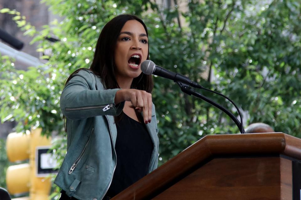 US Democratic Representative from New York Alexandria Ocasio-Cortez speaks at the end of the rally to end fossil fuels ahead of the 78th United Nations General Assembly and Climate Ambition Summit in New York on September 17, 2023.