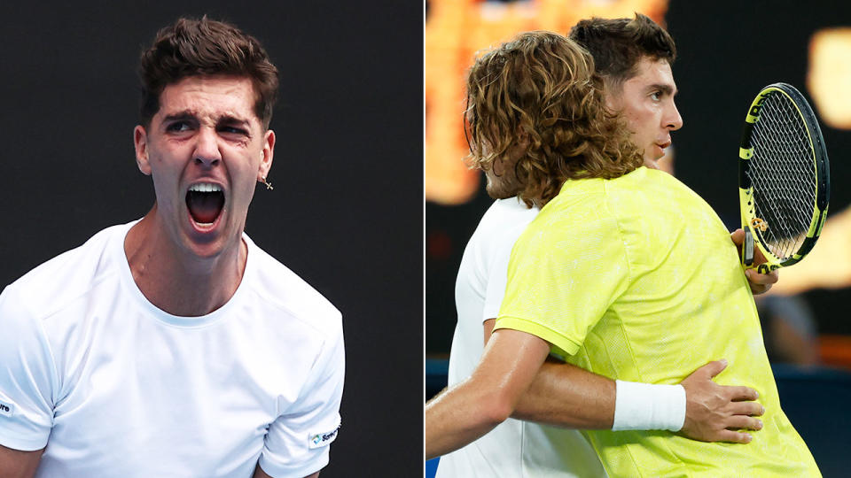 Pictured here, the highs and lows for Thanasi Kokkinakis on display against Stefanos Tsitsipas.