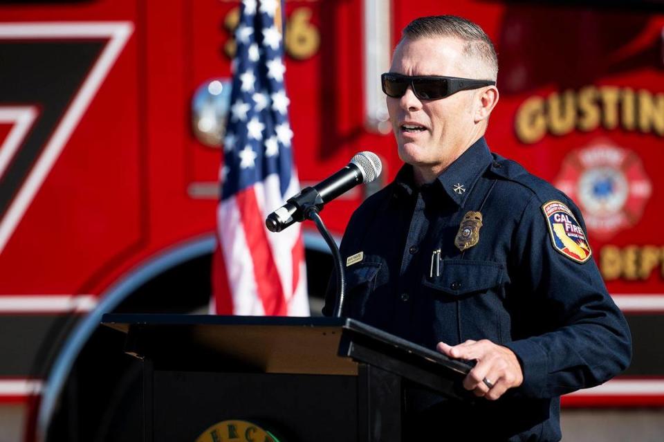 Cal Fire Division Chief Mark Pimentel shares memories of late Cal Fire Capt. Paul Rotondaro, during a ceremony dedicating a section of Highway 140 near Gustine, the Paul Vincent Rotondaro Memorial Highway in Merced County, Calif., on Monday, Sept. 18, 2023. Rotondaro was killed in a head-on traffic collision while on duty with Cal Fire in Merced County on Oct. 2, 2019.