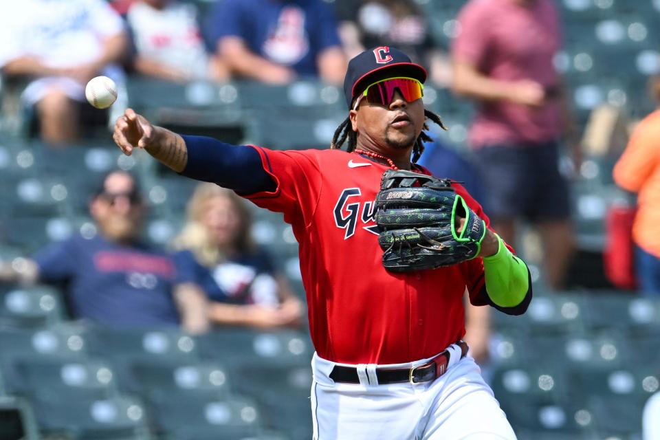 Cleveland Guardians' José Ramírez throws out Los Angeles Dodgers' Will Smith at first base on Aug. 24 in Cleveland.