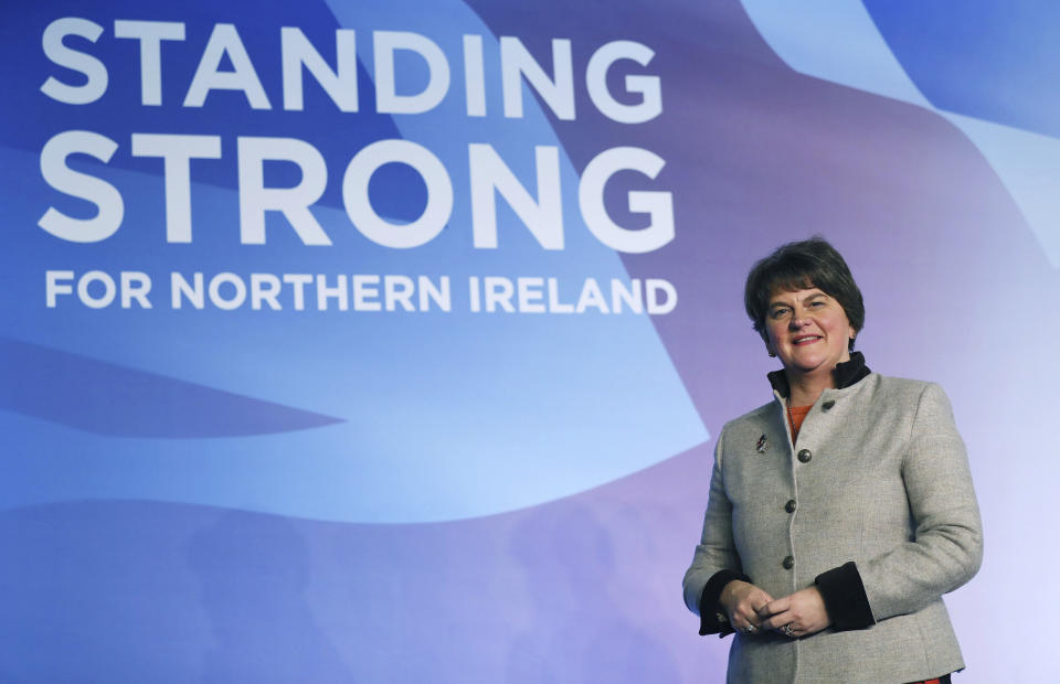 Democratic Unionist Party leader Arlene Foster on stage as she prepares for the the DUP annual party conference over the coming weekend in Belfast, Northern Ireland, Friday Oct. 25, 2019. Brexit dominates all political discussions at this time, as European Union ambassadors agreed Friday that the bloc should grant Britain’s request for another extension to the Brexit deadline but have not yet figured out how long that delay should be.(Brian Lawless/PA via AP)