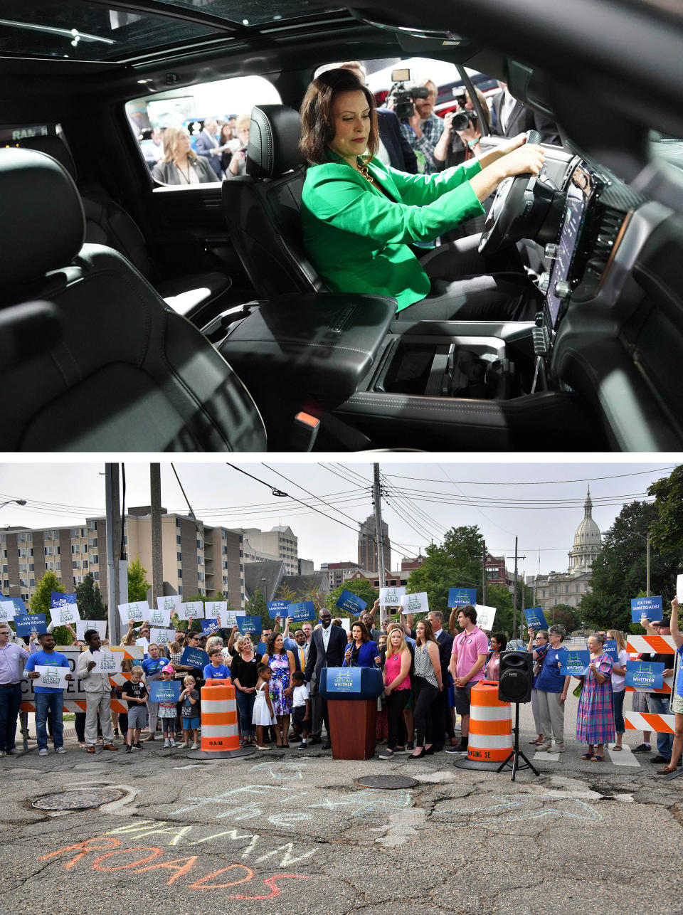 Top: Mere weeks after being sworn in as governor, Whitmer partakes in one of the annual stops expected of every political bigwig in Michigan and visits the North American International Auto Show in downtown Detroit. Bottom: Weeks after winning the Democratic Party's gubernatorial nomination, Whitmer holds a rally in Lansing to announce her running mate, Garlin Gilchrist.