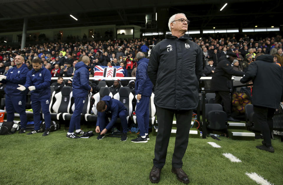 Fulham manager Claudio Ranieri looks on prior to kick-off of the English Premier League soccer match against Southampton at Craven Cottage, London, Saturday, Nov. 24, 2018. (Steven Paston/PA via AP)