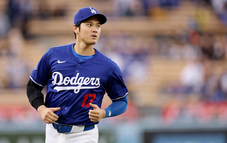 Shohei Ohtani in a spring training game with the Los Angeles Dodgers. (Harry How / Getty Images)