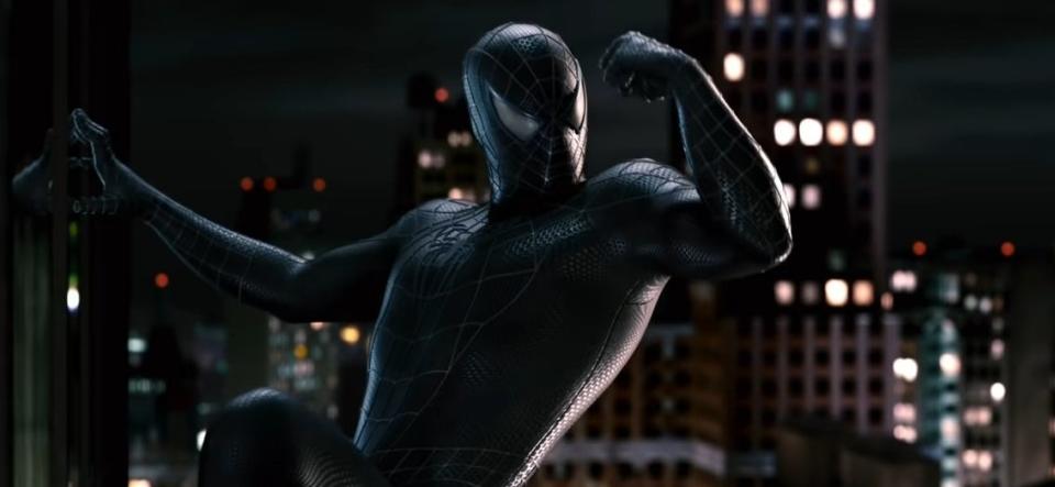 Spider-Man admiring his new black suit in "Spider-Man 3"