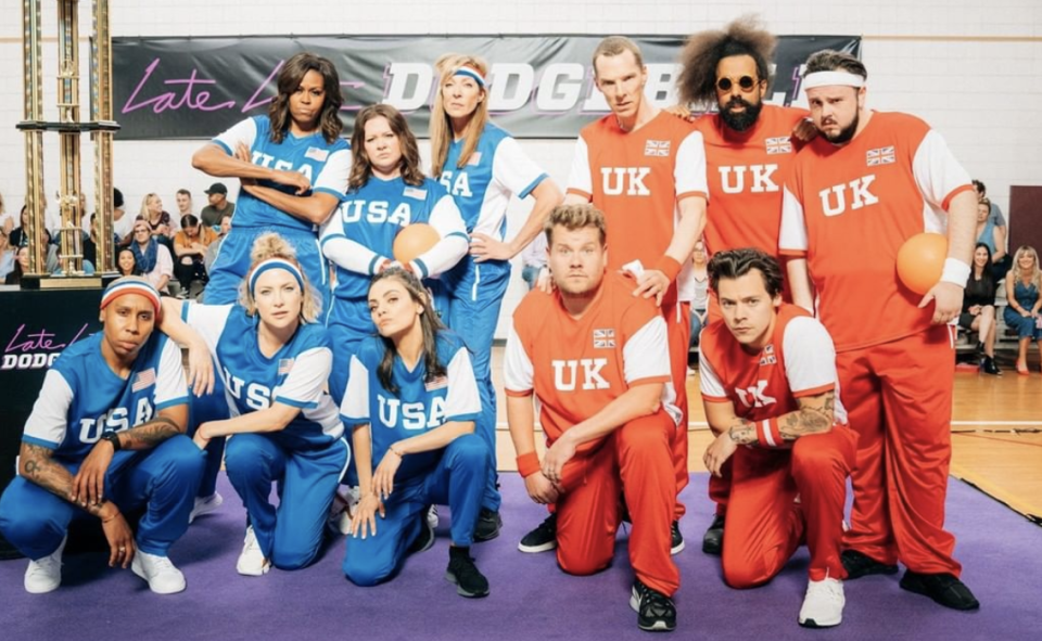 Michelle Obama's Team USA competed against James Corden's U.K. group in a dodgeball game. (Photo: Late Late Late Show/Instagram)