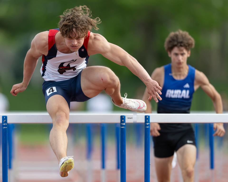 Seaman’s Aaron Merritt competes in the 110 meter hurdles during the Joe Schrag City Meet Friday, May 3, 2024, at Hummer Sports Park.