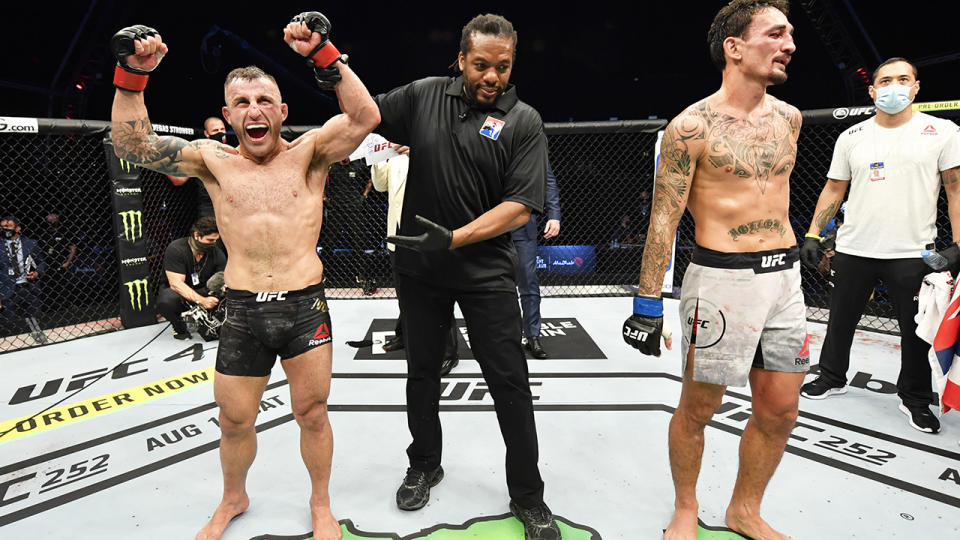 Alexander Volkanovski is pictured celebrating his victory over Max Holloway. 
