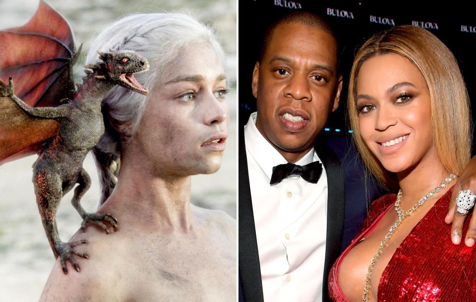 According to Daenerys Targaryen herself, the musical power couple own a dragon egg used on the <em>GoT</em> set. "Apparently Jay Z bought one for Beyonce. I don't know," Emilia Clarke told <a rel="nofollow noopener" href="http://www.harpersbazaar.com/culture/features/a10832/emilia-clarke-0615/" target="_blank" data-ylk="slk:Harper's Bazaar.;elm:context_link;itc:0;sec:content-canvas" class="link "><em>Harper's Bazaar.</em></a>