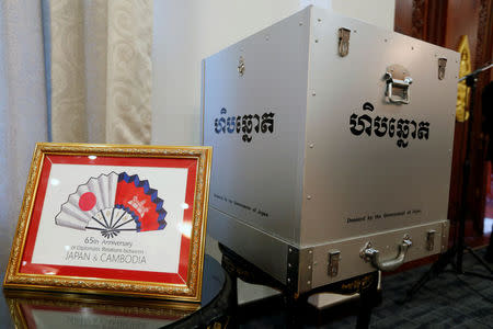 A ballot box donated by the Government of Japan is seen at the Ministry of Foreign Affairs and International Cooperation in Phnom Penh, Cambodia February 21, 2018. REUTERS/Samrang Pring