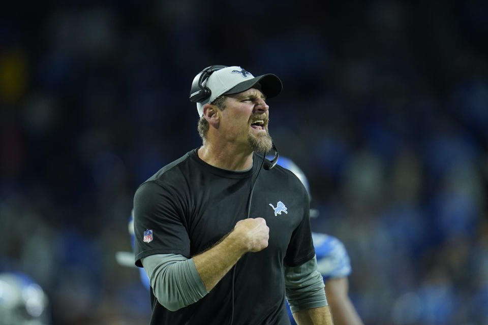 Detroit Lions head coach Dan Campbell yells from the sideline during the second half of an NFL football game against the Chicago Bears, Thursday, Nov. 25, 2021, in Detroit. (AP Photo/Paul Sancya)