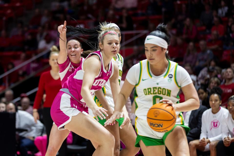 Utah Utes forward Reese Ross (20) defends against Oregon Ducks guard Ula Chamberlin (0) during a game at the Huntsman Center in Salt Lake City on Saturday, Feb. 11, 2023. | Marielle Scott, Deseret News