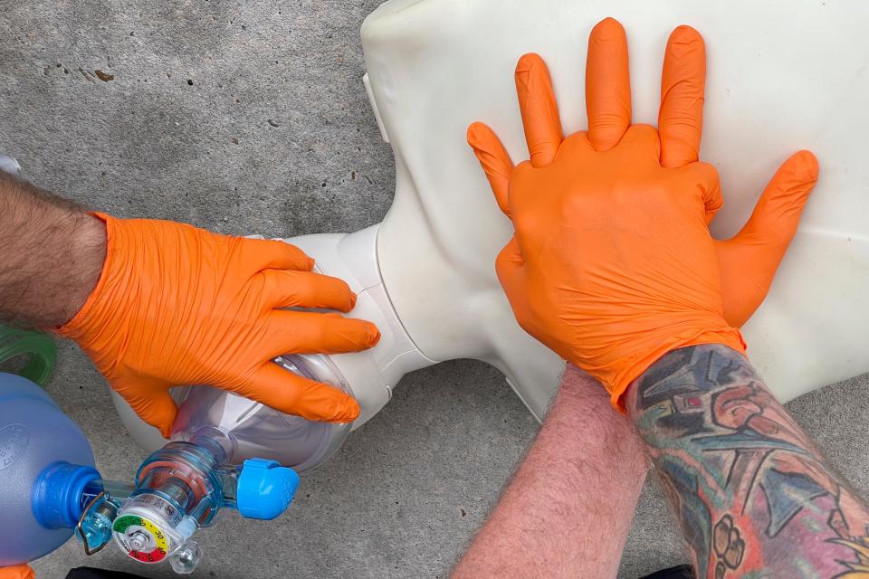 DeFuniak Springs firefighters Austin Arnold and Brian Foreman demonstrate CPR, one of the Basic Life Support interventions that firefighters use on their medical calls. The department hopes to get approval from the state of Florida by October to begin offering Advanced Life Support (ALS) services.