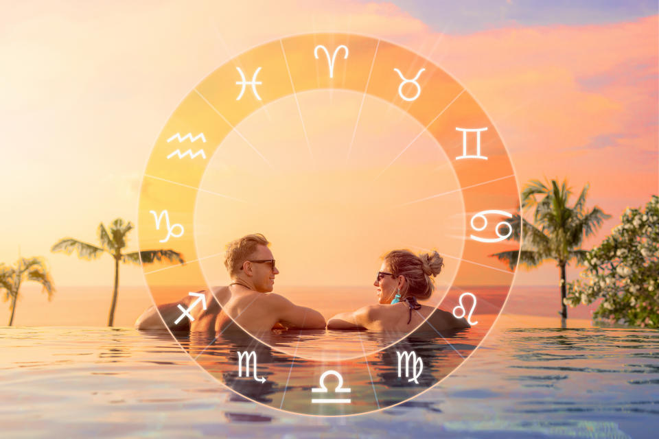 Conceptual photo of happy couple with perfect astrological match and love compatibility between zodiac signs