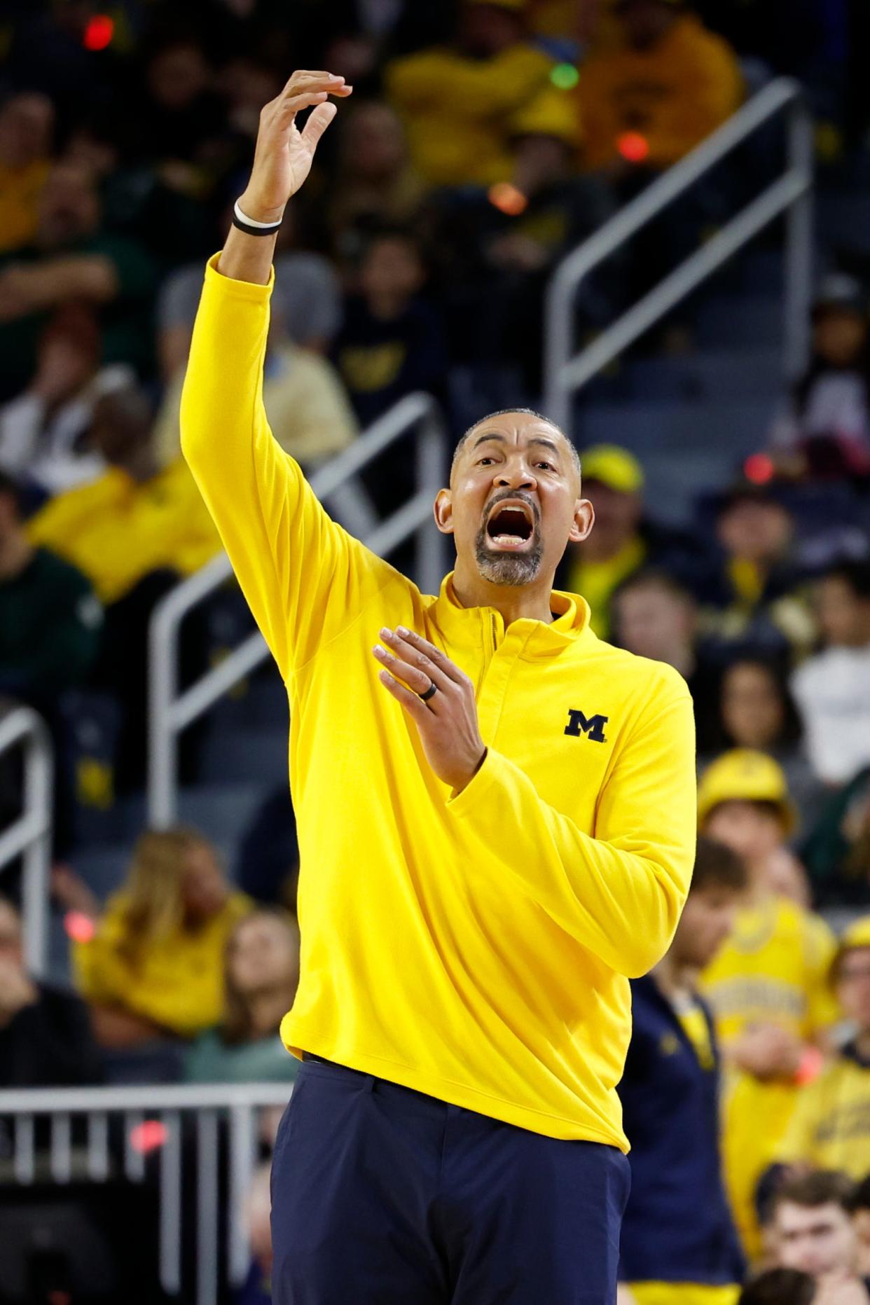 Michigan Wolverines head coach Juwan Howard reacts in the first half against the Michigan State Spartans at Crisler Center in Ann Arbor on Saturday, Feb. 17, 2024.