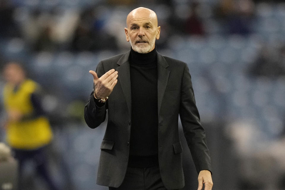 AC Milan's manager Stefano Pioli gestures during the Italian Super Cup final soccer match between AC Milan and Inter Milan at the King Saud University Stadium, in Riyadh, Saudi Arabia, Wednesday, Jan. 18, 2023. (AP Photo/Hussein Malla)