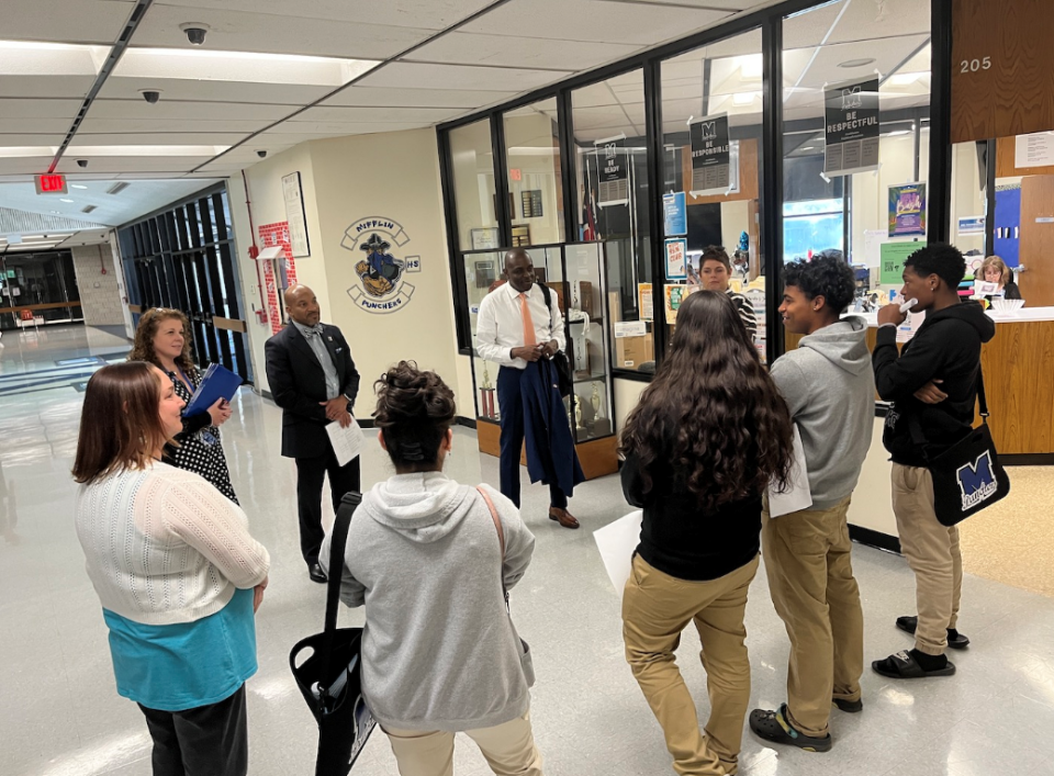 CCS superintendent finalist George (Eric) Thomas visited Mifflin Middle School and Mifflin High School as part of the "Day in the District." At Mifflin High School, he spoke to students.