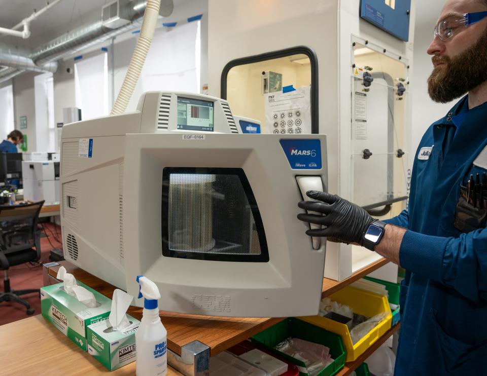 Lab Director Julian England uses a device for testing cannabis in Utica, NY on Wednesday, March 20, 2024.