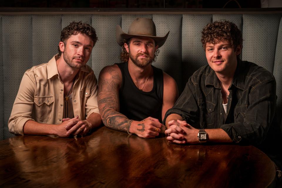From left, Garrett Nichols, Colton Pack, and Zach Beeken of Restless Road pose for a portrait before the Opry NextStage Live concert at Lava Cantina in The Colony, Texas., Wednesday, May 15, 2024.
