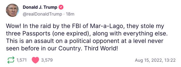 Former President Donald Trump said the FBI took his passports when it raided his Mar-a-Lago property. (Photo: Truth Social)