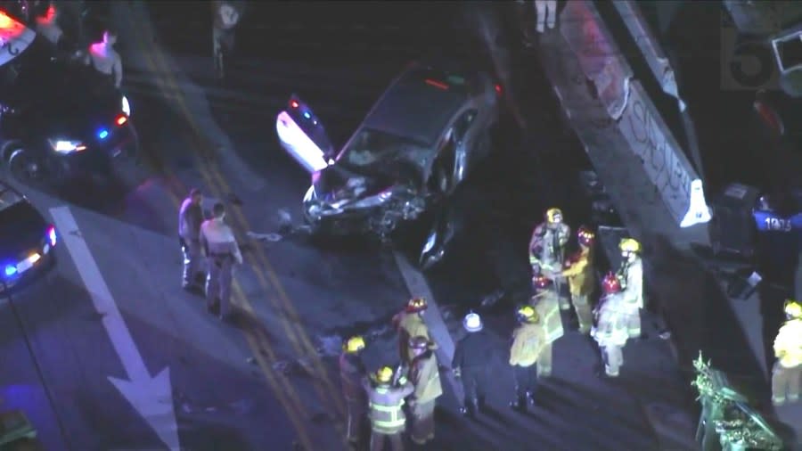 Four juveniles in a stolen vehicle were hospitalized after crashing in Boyle Heights during a pursuit on April 23, 2024. (KTLA)