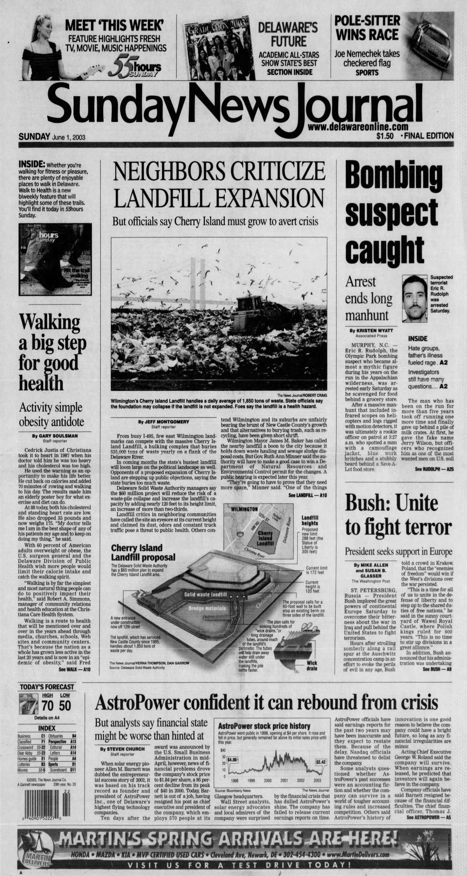 Front page of the Sunday News Journal from June 1, 2003.