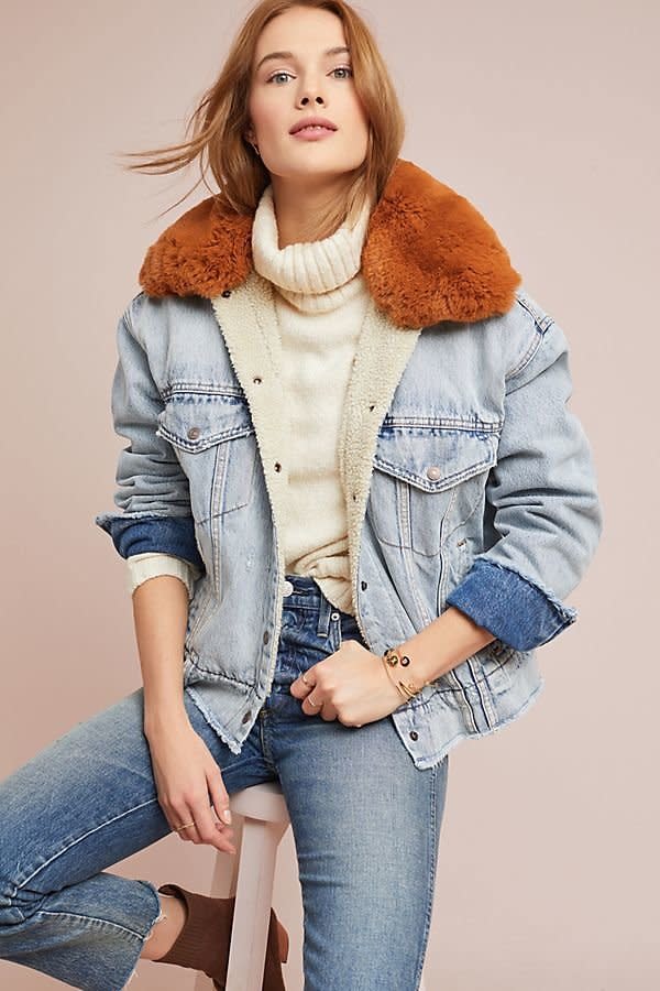 Stay casual and cozy in this <strong><a href="https://www.anthropologie.com/shop/levis-faux-fur-trucker-denim-jacket" target="_blank" rel="noopener noreferrer">Levi's Faux Fur Trucker Denim Jacket</a> </strong>with a removable collar, available in sizes XS to L.<br />&lt;br&gt;<strong>Price: $168</strong>