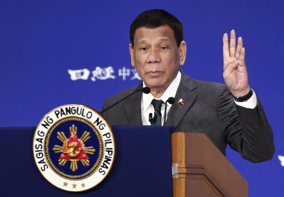Philippine President Rodrigo Duterte delivers a speech at the special session of the International Conference on "The Future of Asia" May 31, 2019, in Tokyo. (AP Photo/Eugene Hoshiko)