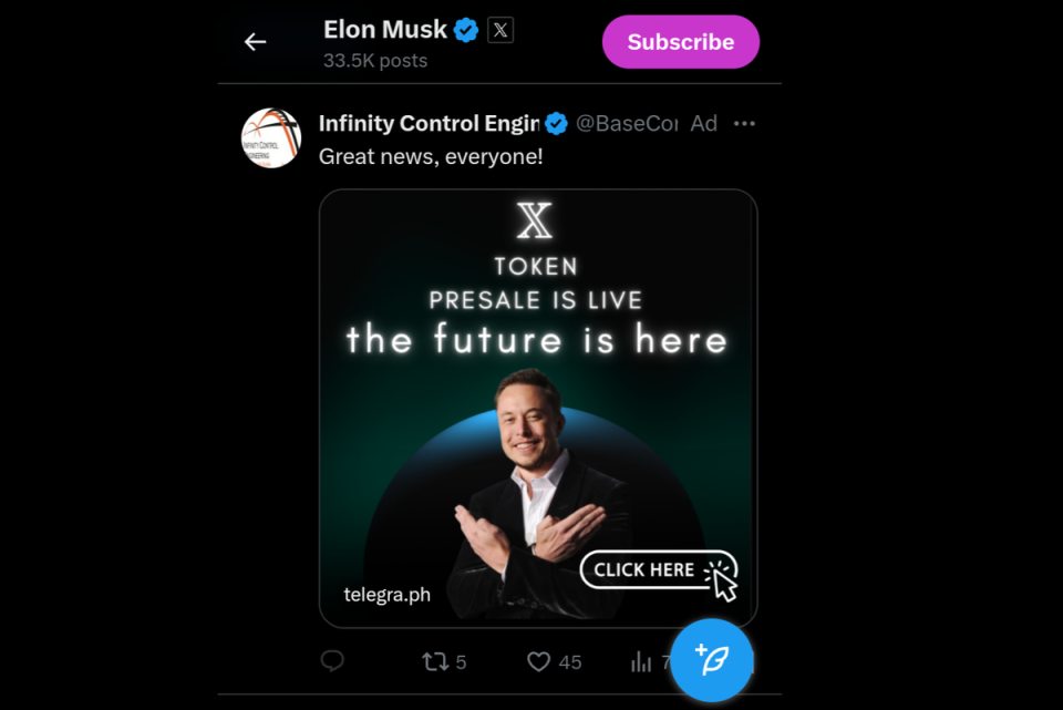 Elon Musk’s profile page on X has featured ads for fake cryptocurrency (X/ Screenshot)