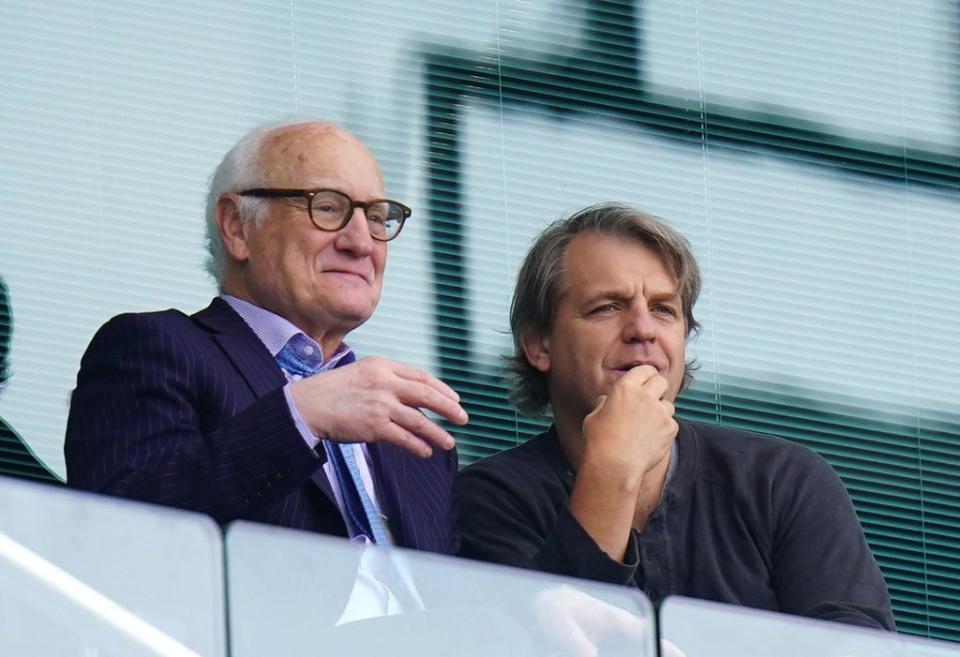 Chelsea chairman Bruce Buck, left, and new owner Todd Boehly, right, at Stamford Bridge at a recent Chelsea match (Adam Davy/PA) (PA Wire)