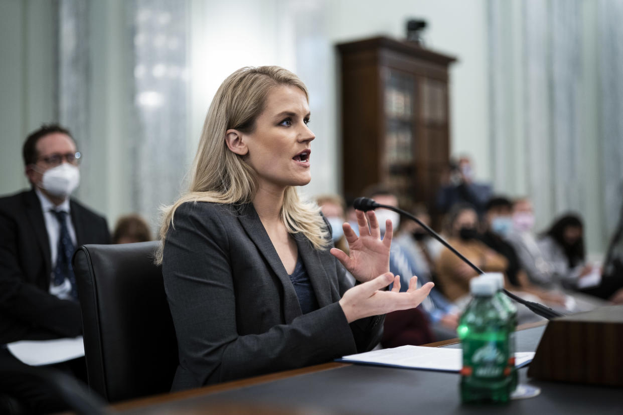 WASHINGTON, DC - OCTOBER 5: Former Facebook employee and whistleblower Frances Haugen testifies during a Senate Committee on Commerce, Science, and Transportation hearing entitled 'Protecting Kids Online: Testimony from a Facebook Whistleblower' on Capitol Hill, October 05, 2021 in Washington, DC. Haugen left Facebook in May and provided internal company documents about Facebook to journalists and others, alleging that Facebook consistently chooses profit over safety. (Photo by Jabin Botsford-Pool/Getty Images)