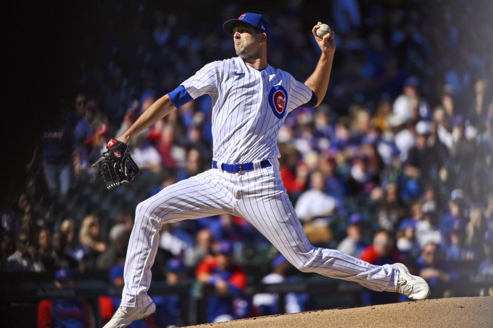 Chicago Cubs starting pitcher Drew Smyly delivers against the Cincinnati Reds during the first inning of a baseball game in Chicago, Saturday, Oct. 1, 2022. (AP Photo/Matt Marton)