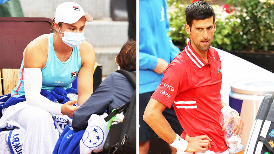 Ash Barty (pictured left) speaking to a trainer in Rome and Novak Djokovic (pictured right) looking angry while waiting for the chair umpire to make a decision.