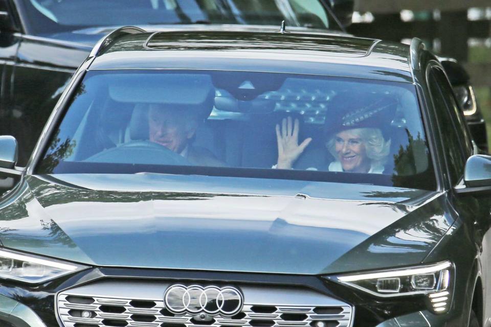 <p>Peter Jolly/Shutterstock</p> King Charles and Queen Camilla drive to Crathie Church in Scotland near Balmoral Castle on Aug. 13.