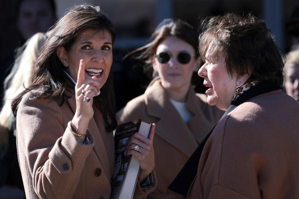 BAMBERG, SOUTH CAROLINA - FEBRUARY 13: Republican presidential candidate former U.N. Ambassador Nikki Haley (L) talks with Bamberg Mayor Nancy Foster (R) following a campaign event at Bamberg Veterans Park on February 13, 2024 in Bamberg, South Carolina. South Carolina holds its Republican primary on February 24. (Photo by Win McNamee/Getty Images) ORG XMIT: 776105297 ORIG FILE ID: 2007938070
