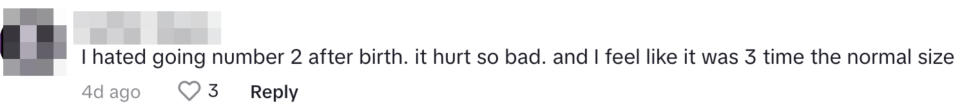 "I hated going number 2 after birth, it hurt so bad, and I feel like it was 3 time the normal size"