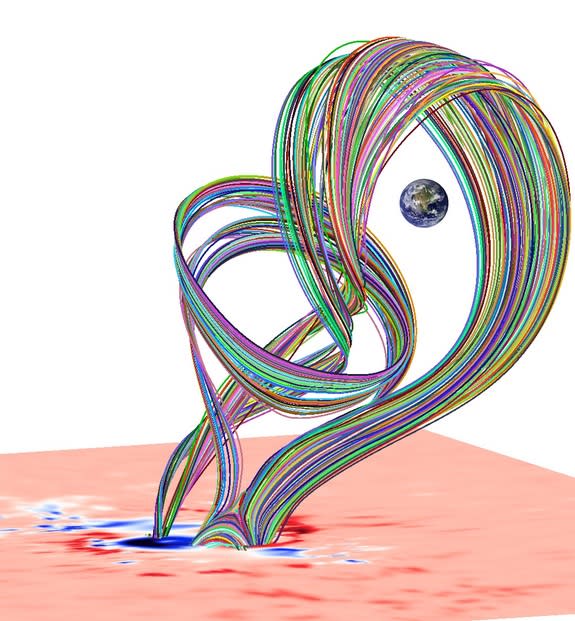 Model showing the eruption of a magnetic flux rope on the sun. Earth is shown for scale.