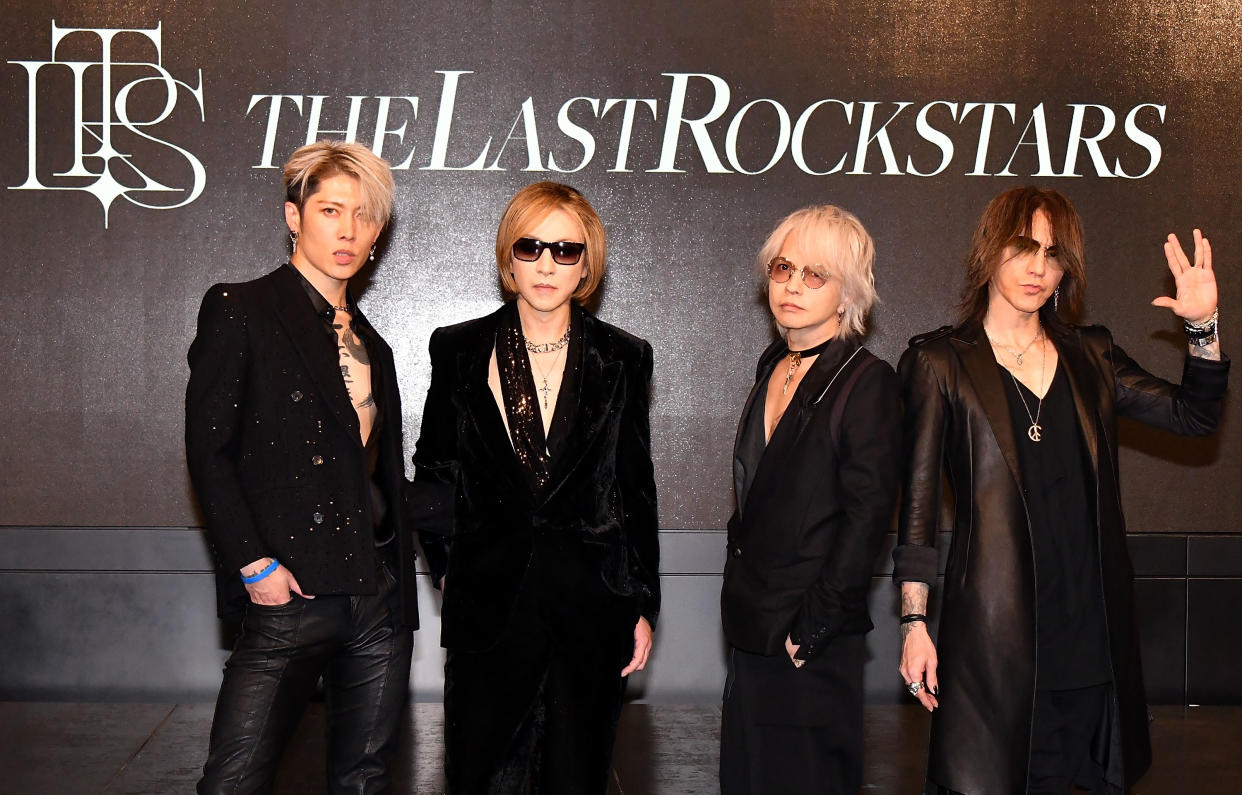 TOKYO, JAPAN - NOVEMBER 11: (L-R) Musicians Miyavi, Yoshiki, Hyde and Sugizo attend the new band announcement press conference for the Last Rockstars on November 11, 2022 in Tokyo, Japan.  (Photo by Jun Sato/WireImage)